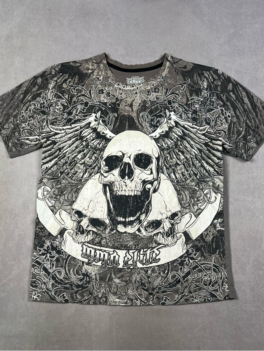 MMA Elite Affliction Style Skull & Wings Graphic Tee - Black/Grey
